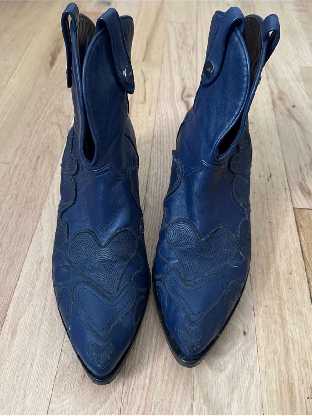 La Perla Navy Leather Pointed Ankle Boots with Heart Appliqué